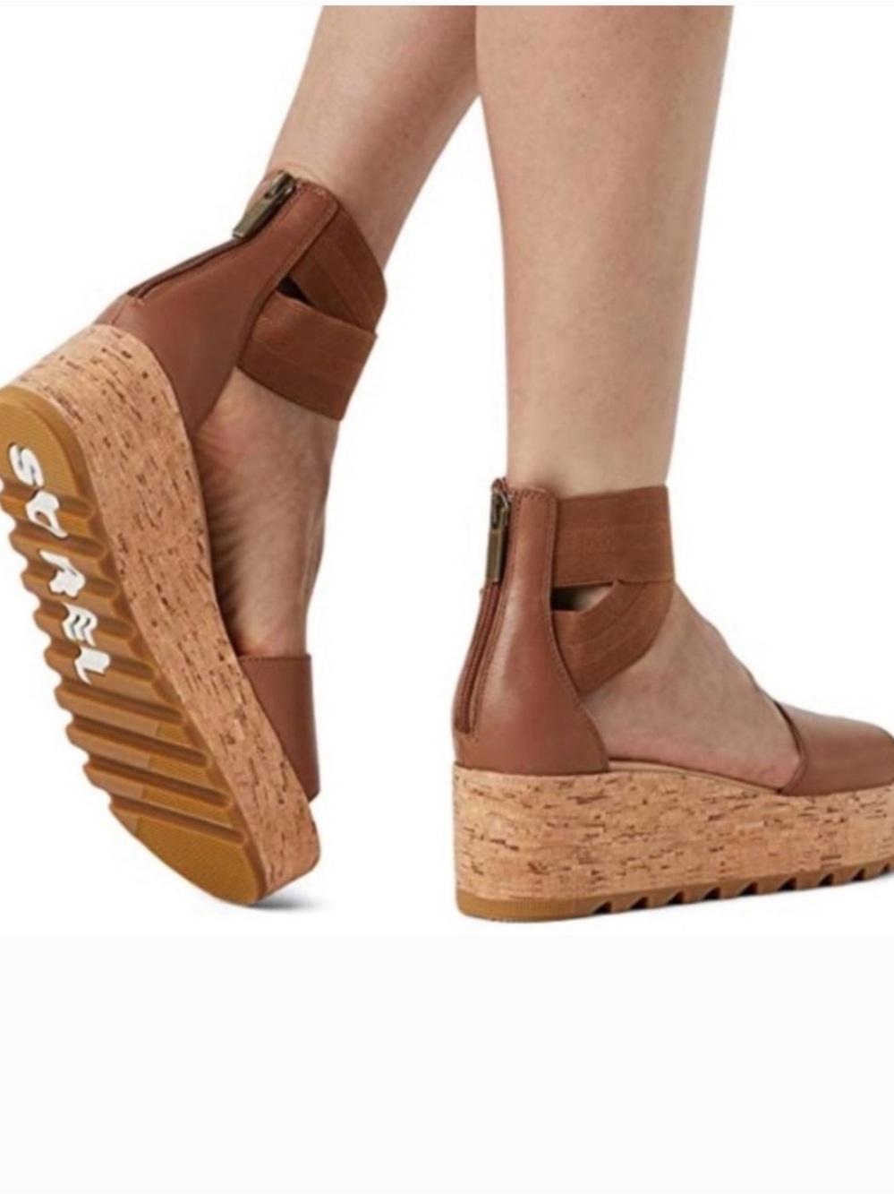 Sorel Brown Cork Wedge Sandals with Back Zip size 6.5